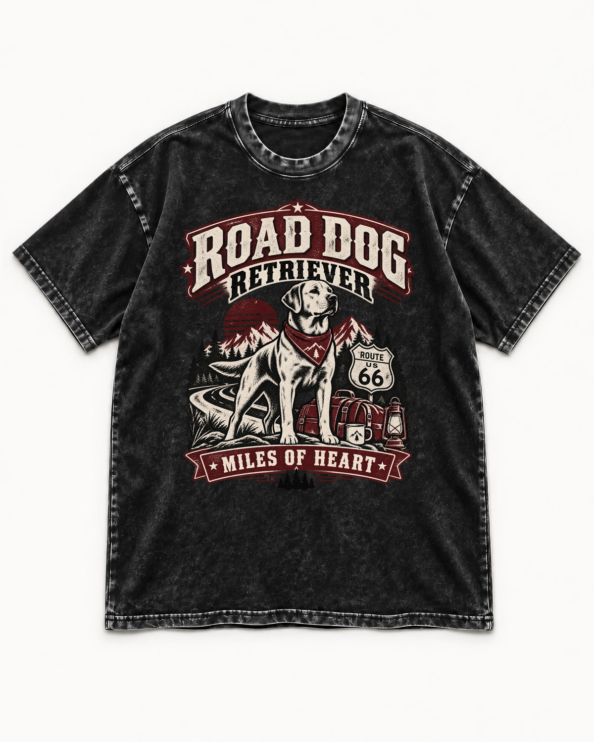 Labrador Retriever Road Dog Miles of Heart Route 66 Graphic Washed Tee in Black, flat lay product photo