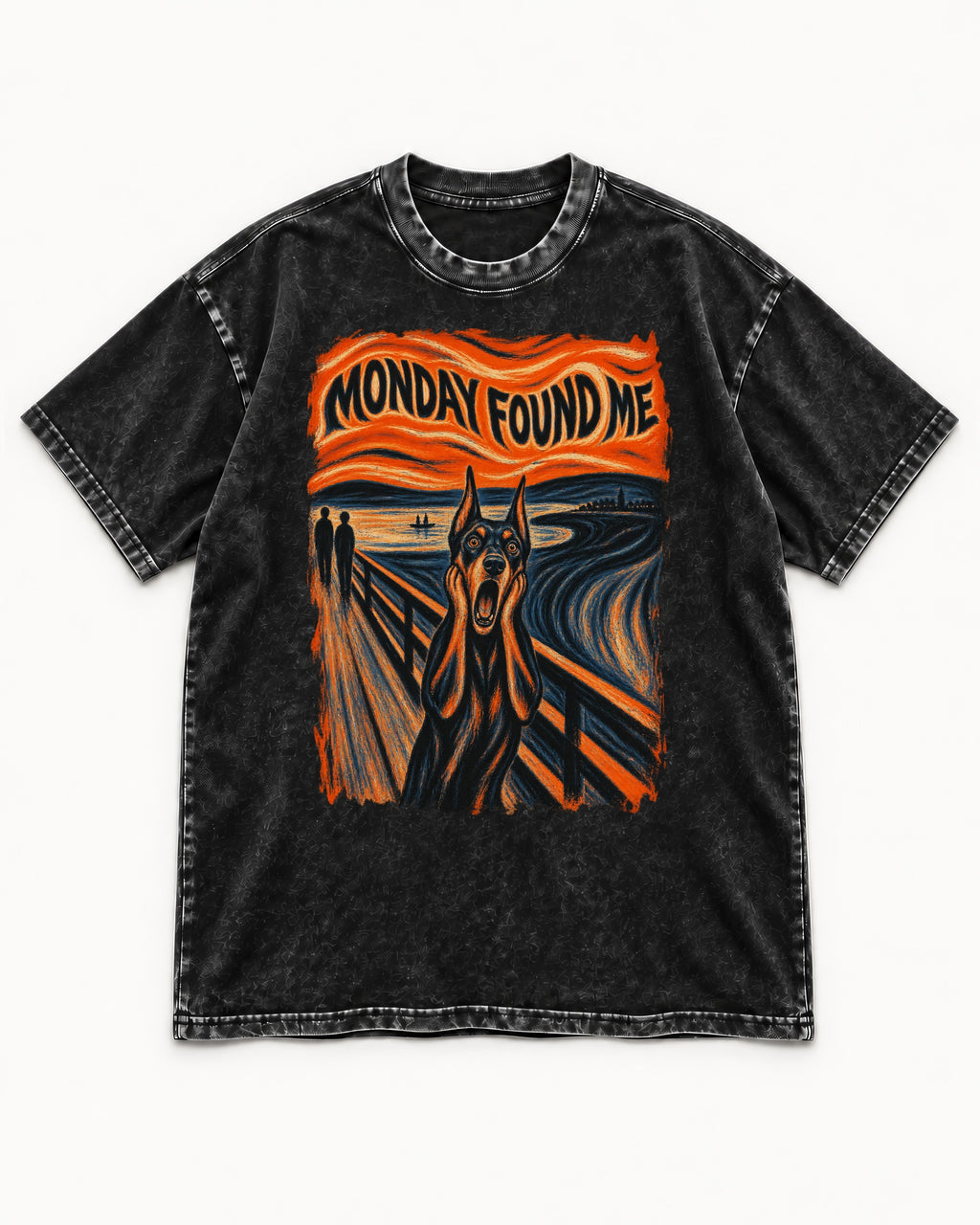 Doberman Monday Found Me Scream Graphic Washed Tee in Black, flat lay product photo