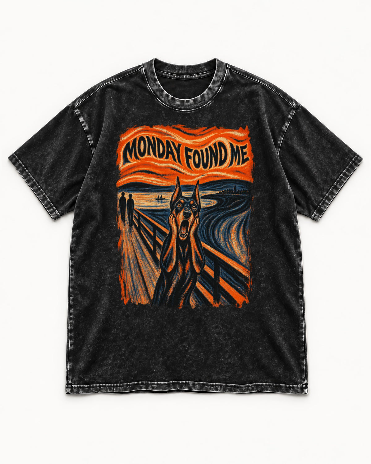 Doberman Monday Found Me Scream Graphic Washed Tee in Black, flat lay product photo