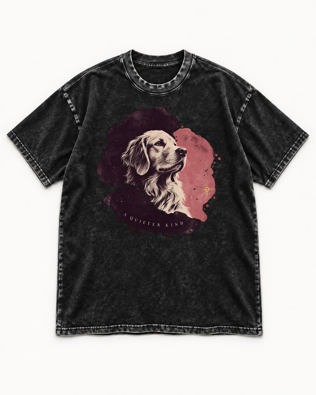Golden Retriever A Quieter Kind Ink Wash Portrait Graphic Washed Tee in Black, flat lay product photo