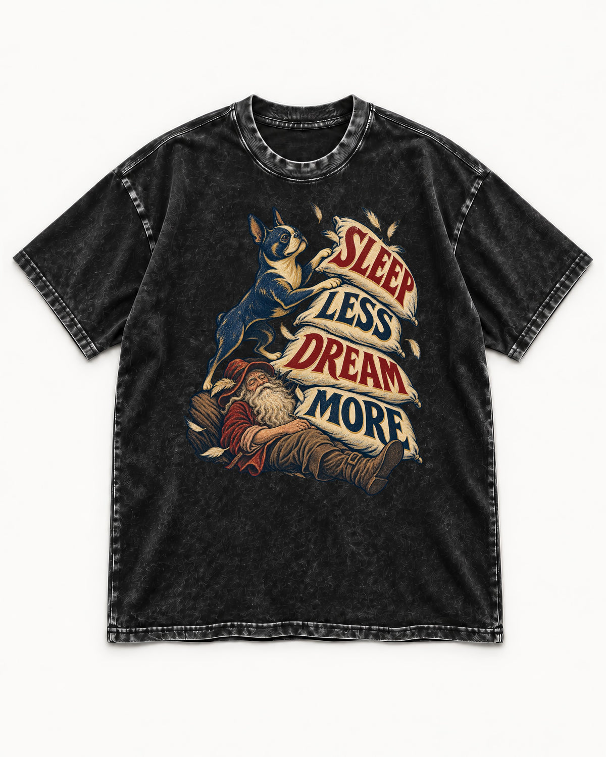 Boston Terrier Sleep Less Dream More Washed Tee in Black, flat lay product photo
