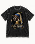 Quiet Luxury Loud Eyes Boxer Pearl Portrait Washed Tee in Black, flat lay product photo