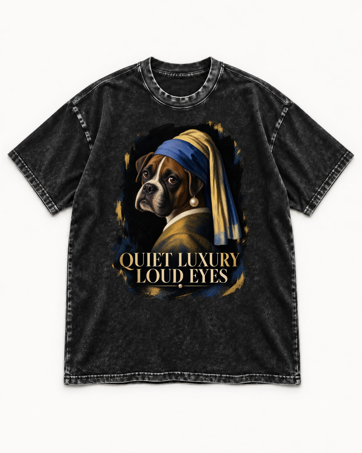 Quiet Luxury Loud Eyes Boxer Pearl Portrait Washed Tee in Black, flat lay product photo