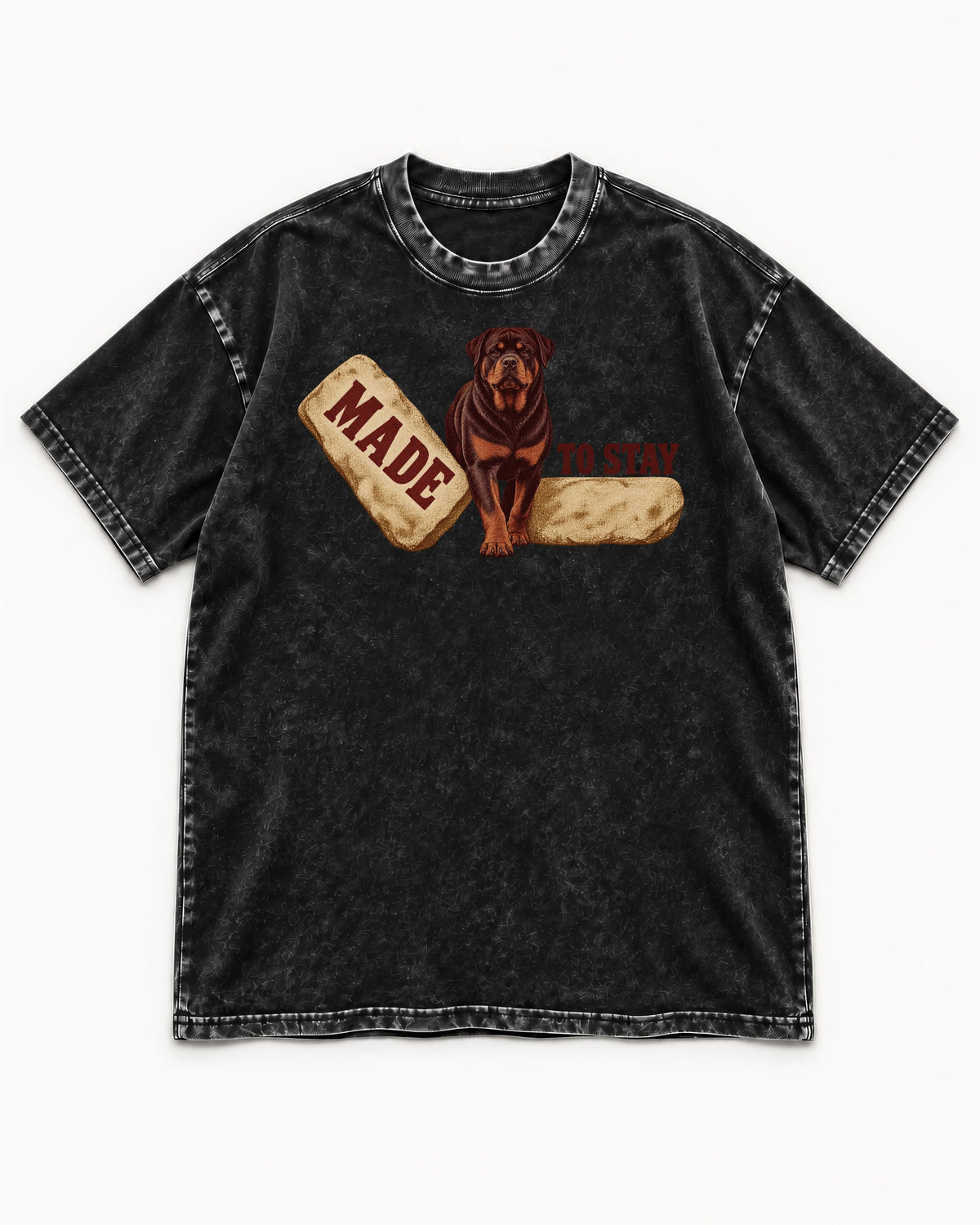 Rottweiler Made to Stay Stepping Stone Graphic Washed Tee in Black, flat lay product photo