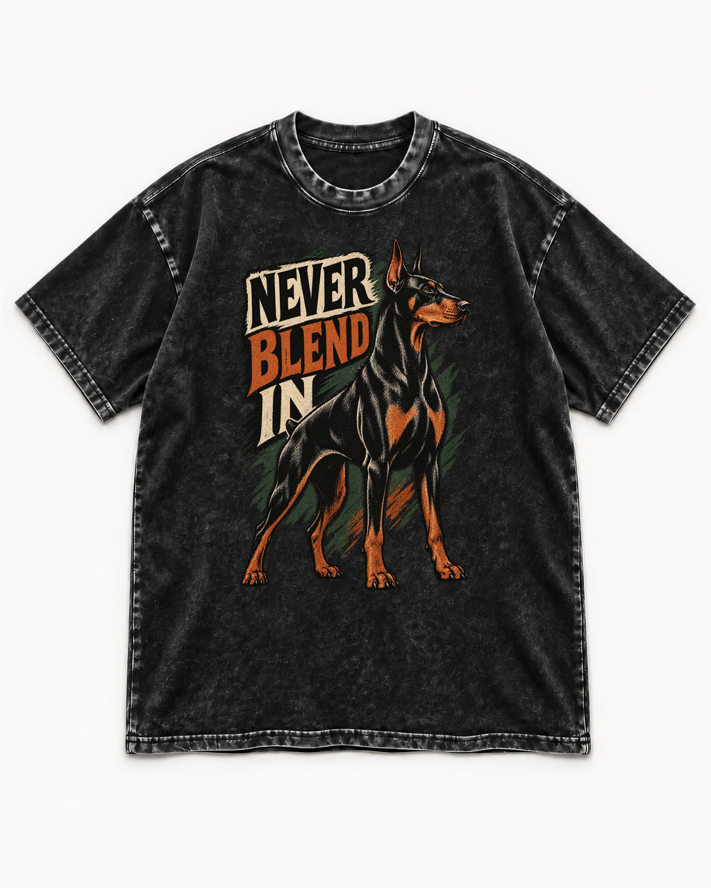 Doberman Never Blend In Brush Graphic Washed Tee in Black, flat lay product photo