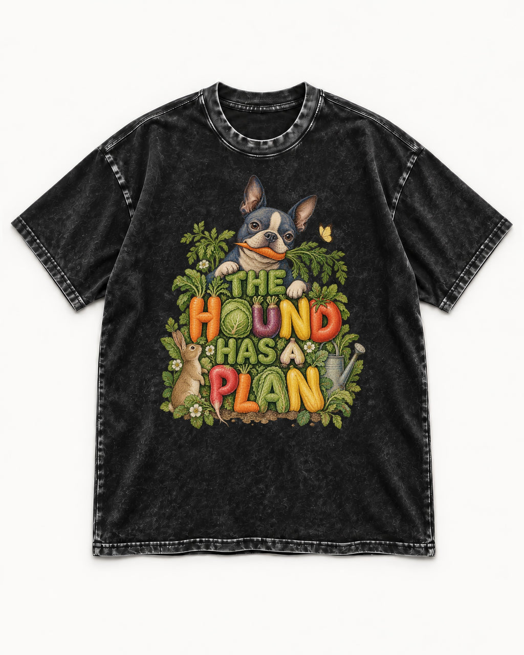 The Hound Has a Plan Boston Terrier Washed Tee in Black, flat lay product photo