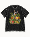 The Hound Has a Plan Boston Terrier Washed Tee in Black, flat lay product photo