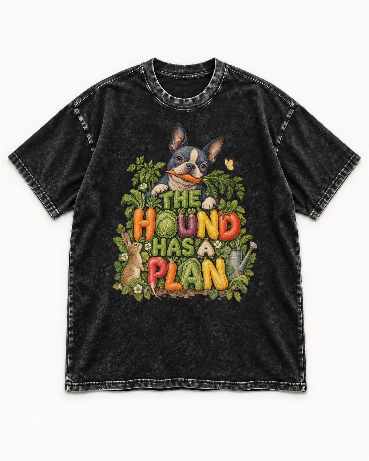 The Hound Has a Plan Boston Terrier Washed Tee in Black, flat lay product photo