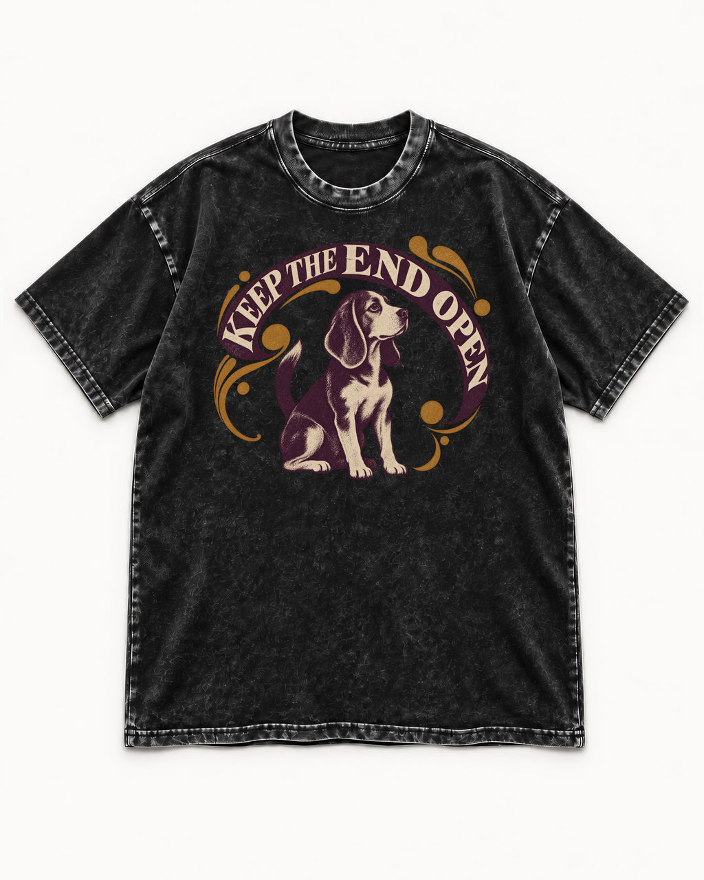 Beagle Keep The End Open Ornamental Graphic Washed Tee in Black, flat lay product photo
