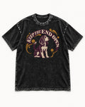 Beagle Keep The End Open Ornamental Graphic Washed Tee in Black, flat lay product photo