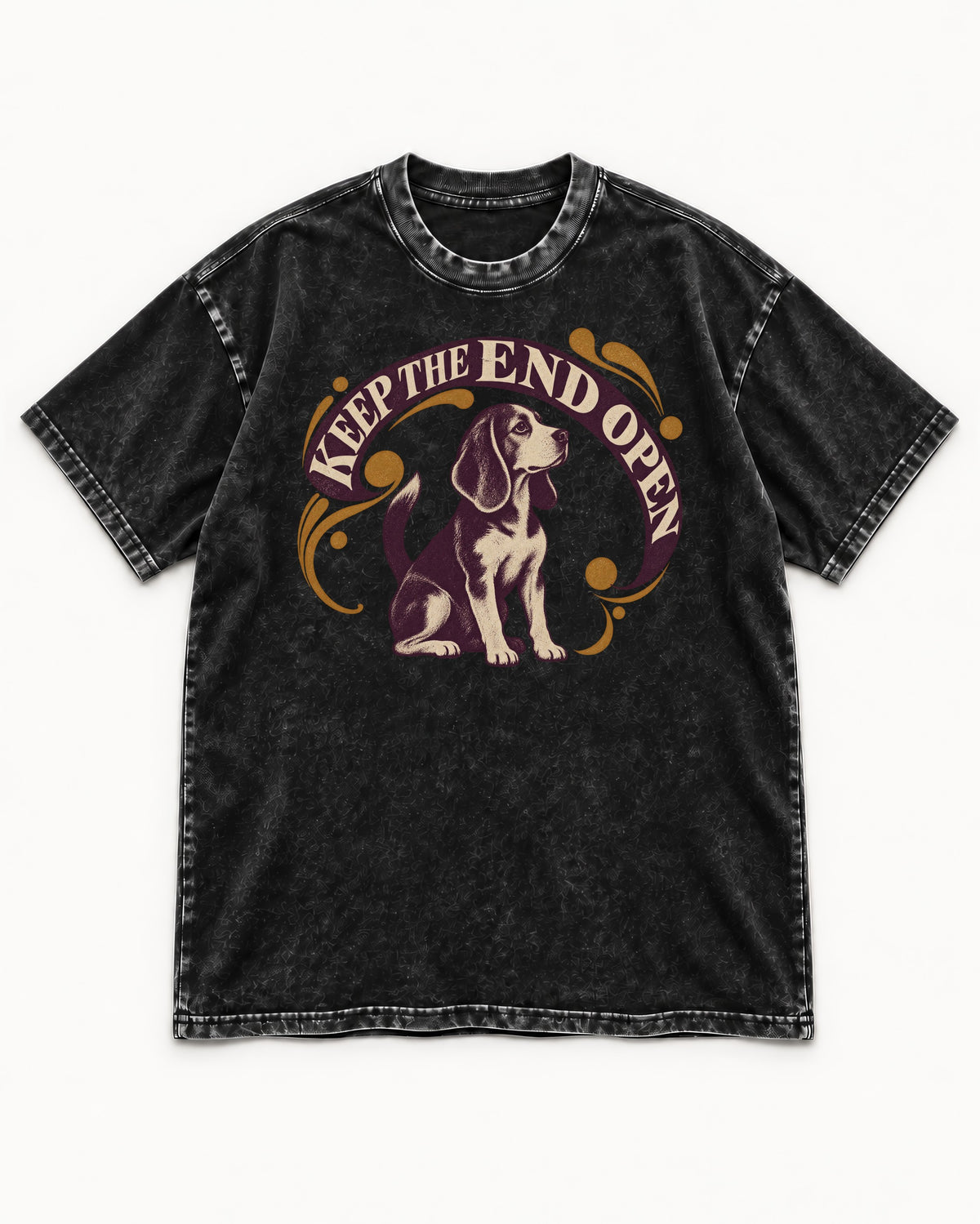Beagle Keep The End Open Ornamental Graphic Washed Tee in Black, flat lay product photo