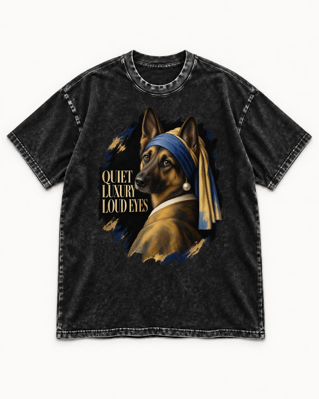 German Shepherd Dog Quiet Luxury Loud Eyes Pearl Portrait Washed Tee in Black, flat lay product photo