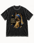 German Shepherd Dog Quiet Luxury Loud Eyes Pearl Portrait Washed Tee in Black, flat lay product photo