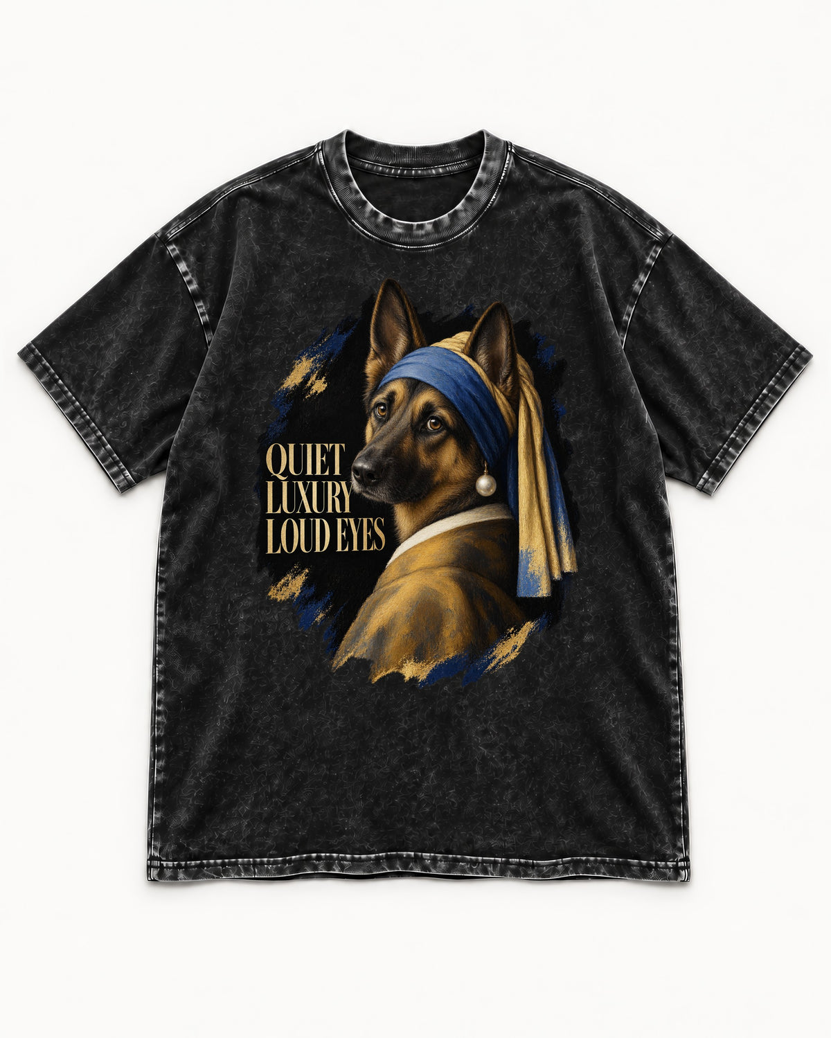 German Shepherd Dog Quiet Luxury Loud Eyes Pearl Portrait Washed Tee in Black, flat lay product photo