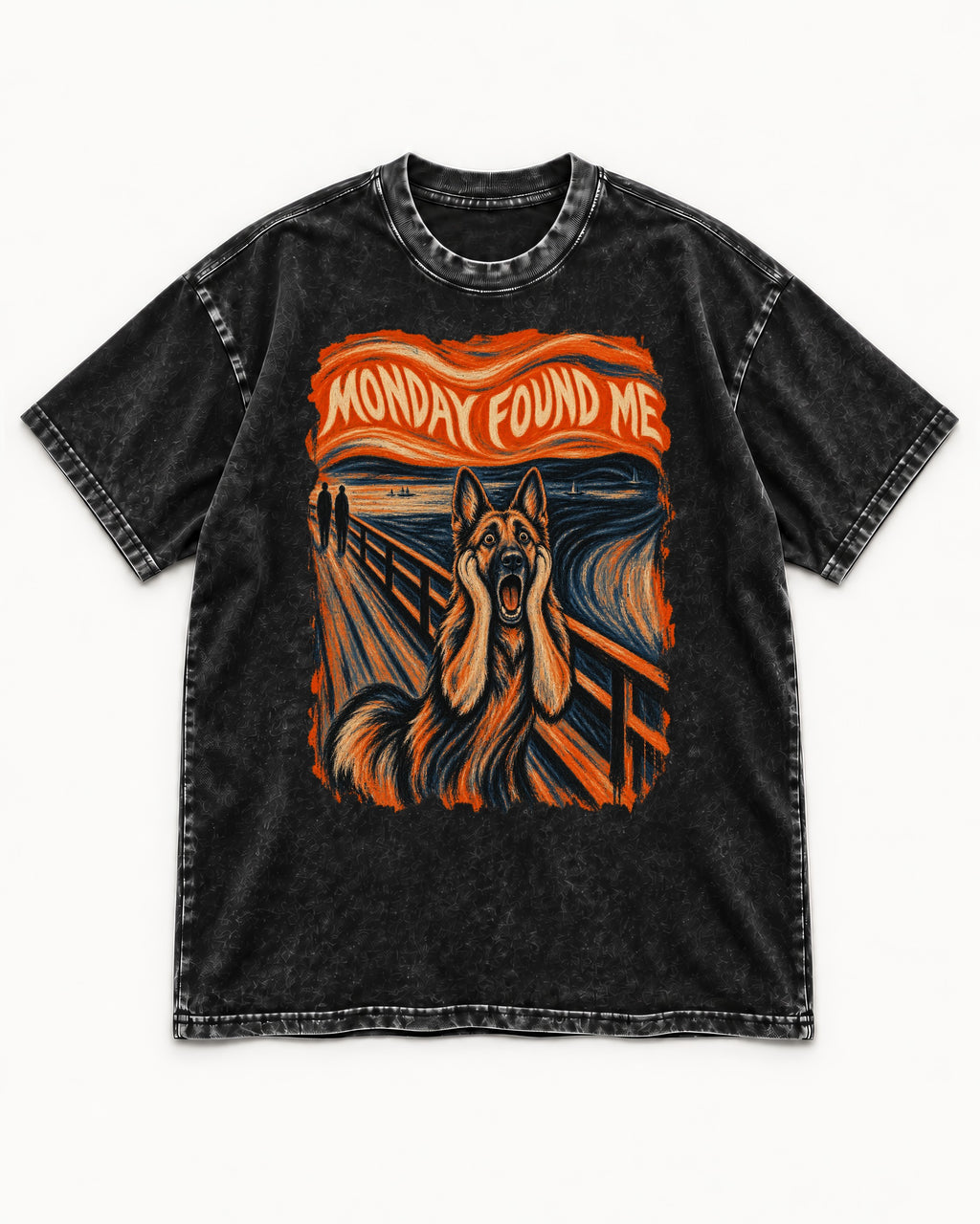 German Shepherd Dog Monday Found Me Scream Graphic Washed Tee in Black, flat lay product photo