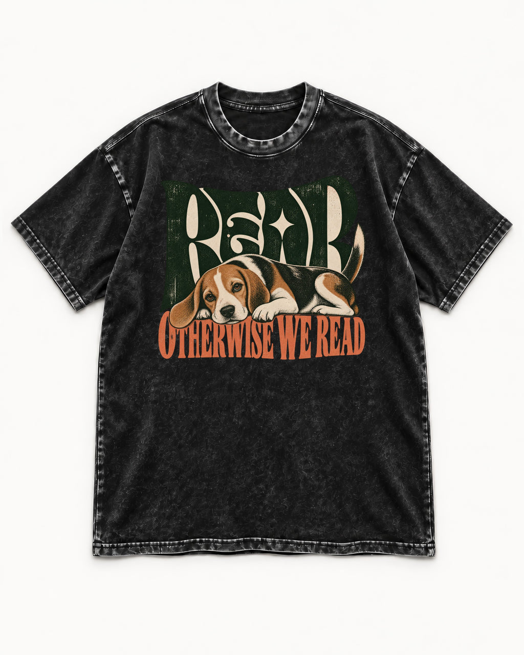 Beagle Read Otherwise We Read Retro Graphic Washed Tee in Black, flat lay product photo