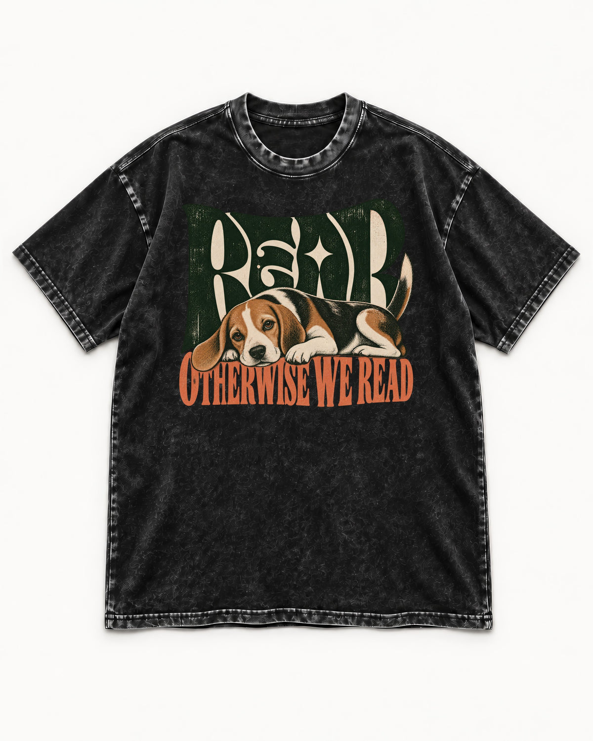 Beagle Read Otherwise We Read Retro Graphic Washed Tee in Black, flat lay product photo