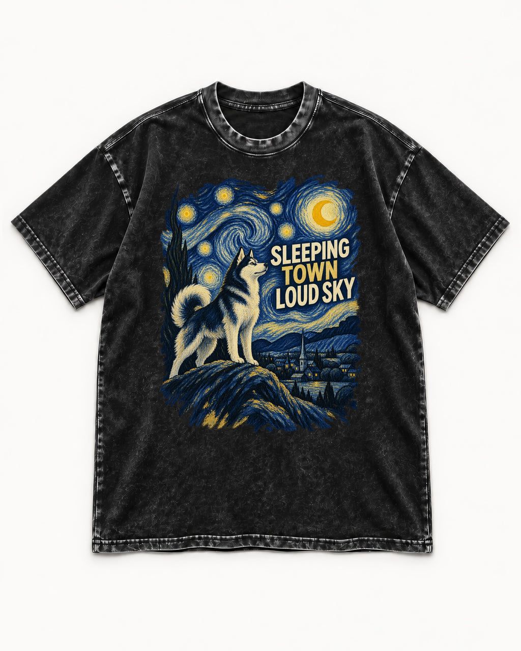 Husky Sleeping Town Loud Sky Starry Night Graphic Washed Tee in Black, flat lay product photo