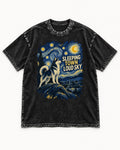 Husky Sleeping Town Loud Sky Starry Night Graphic Washed Tee in Black, flat lay product photo