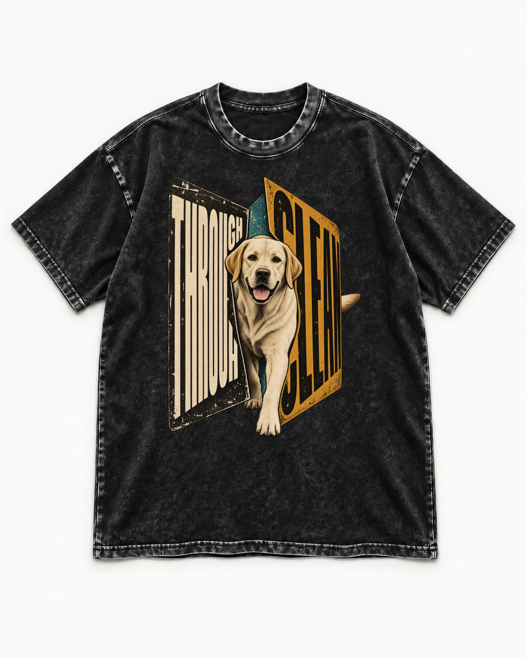 Labrador Retriever Through Steel Split Sign Graphic Washed Tee in Black, flat lay product photo