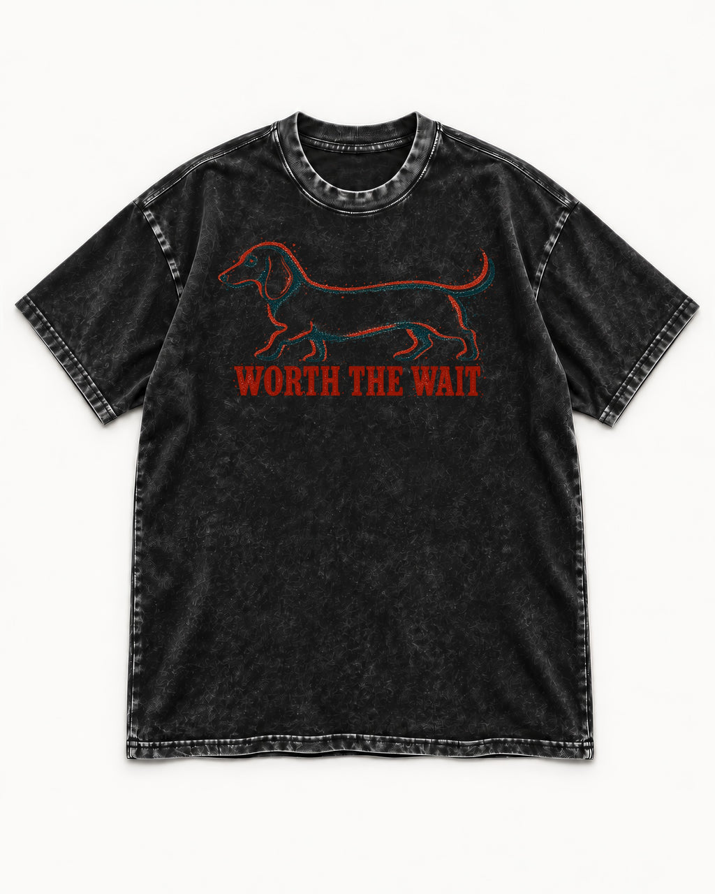 Dachshund Worth The Wait Distressed Outline Graphic Washed Tee in Black, flat lay product photo