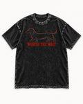 Dachshund Worth The Wait Distressed Outline Graphic Washed Tee in Black, flat lay product photo