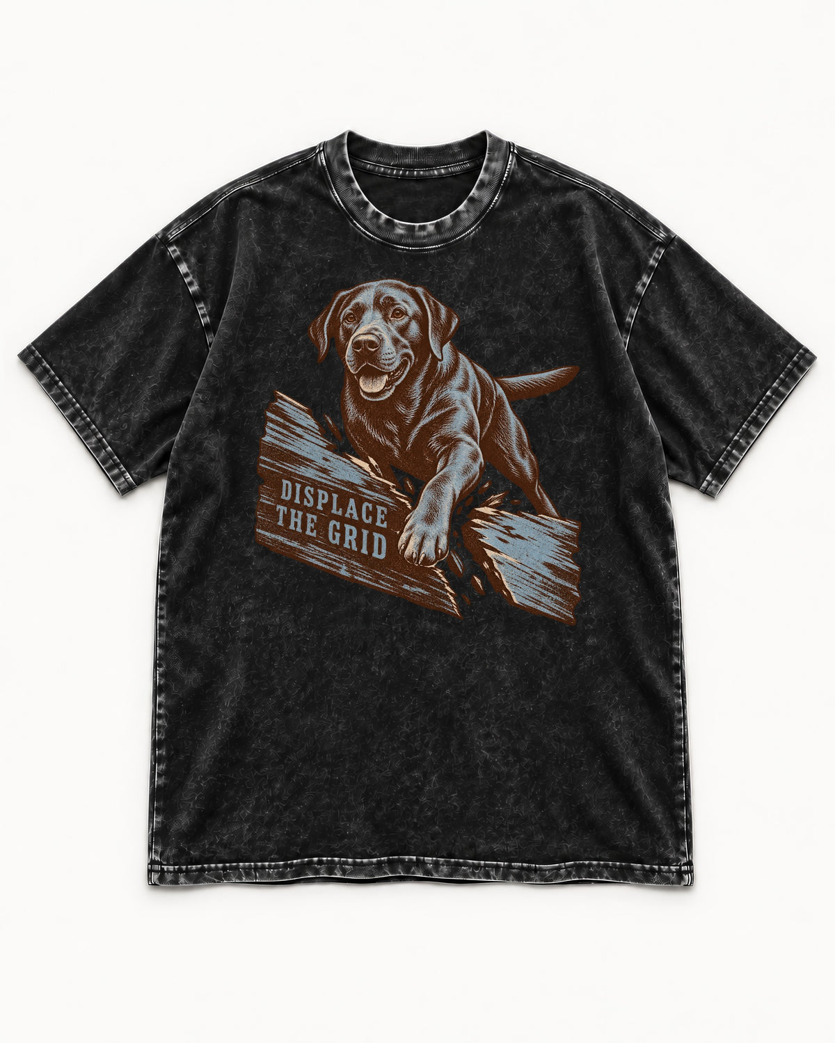 Labrador Retriever Displace the Grid Breaking Plank Graphic Washed Tee in Black, flat lay product photo