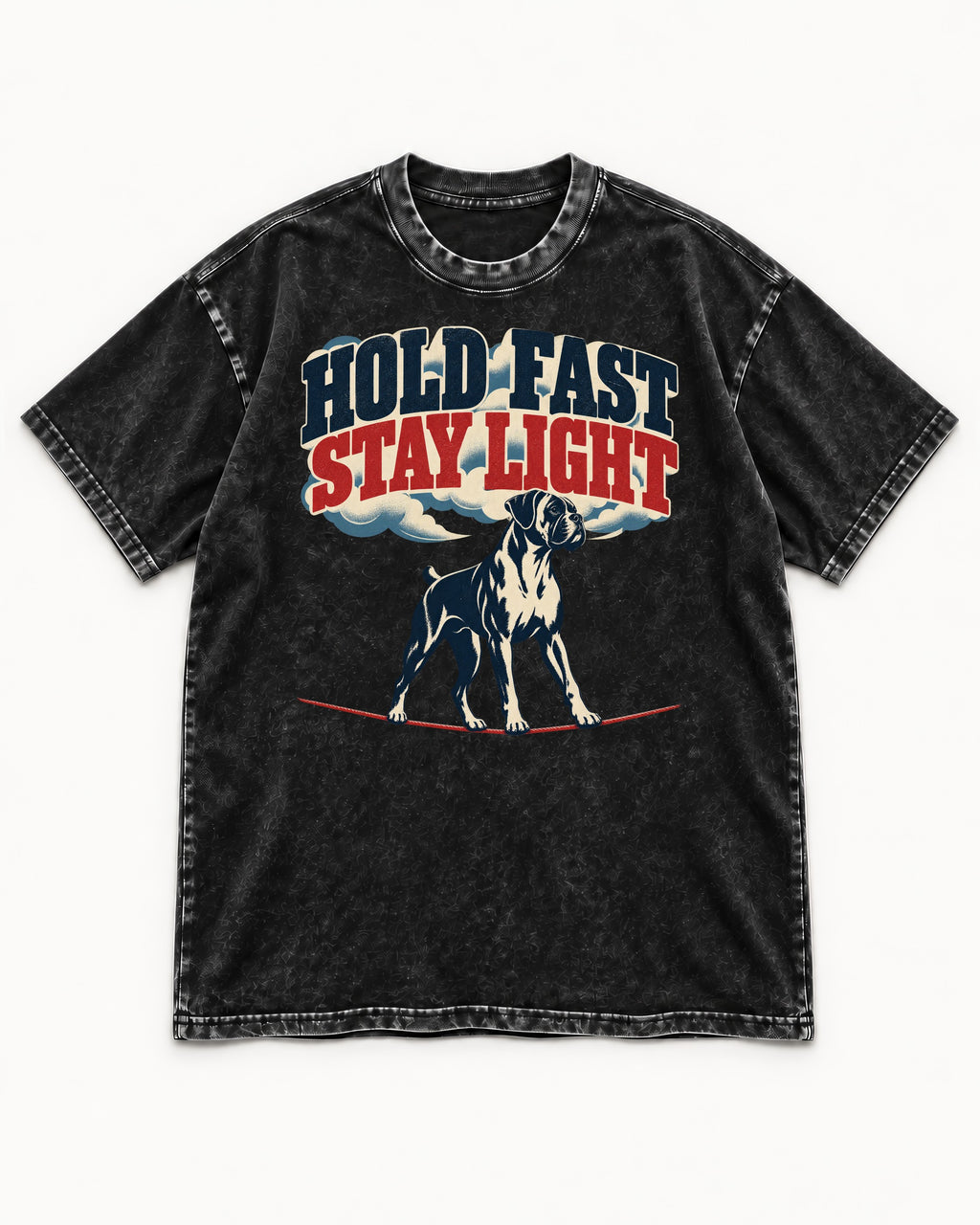 Hold Fast Stay Light Boxer Cloud Graphic Washed Tee in Black, flat lay product photo