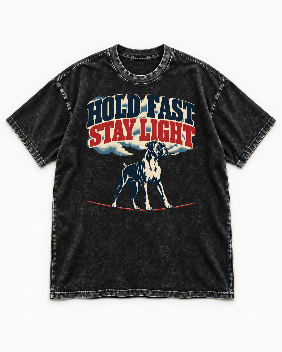Hold Fast Stay Light Boxer Cloud Graphic Washed Tee in Black, flat lay product photo