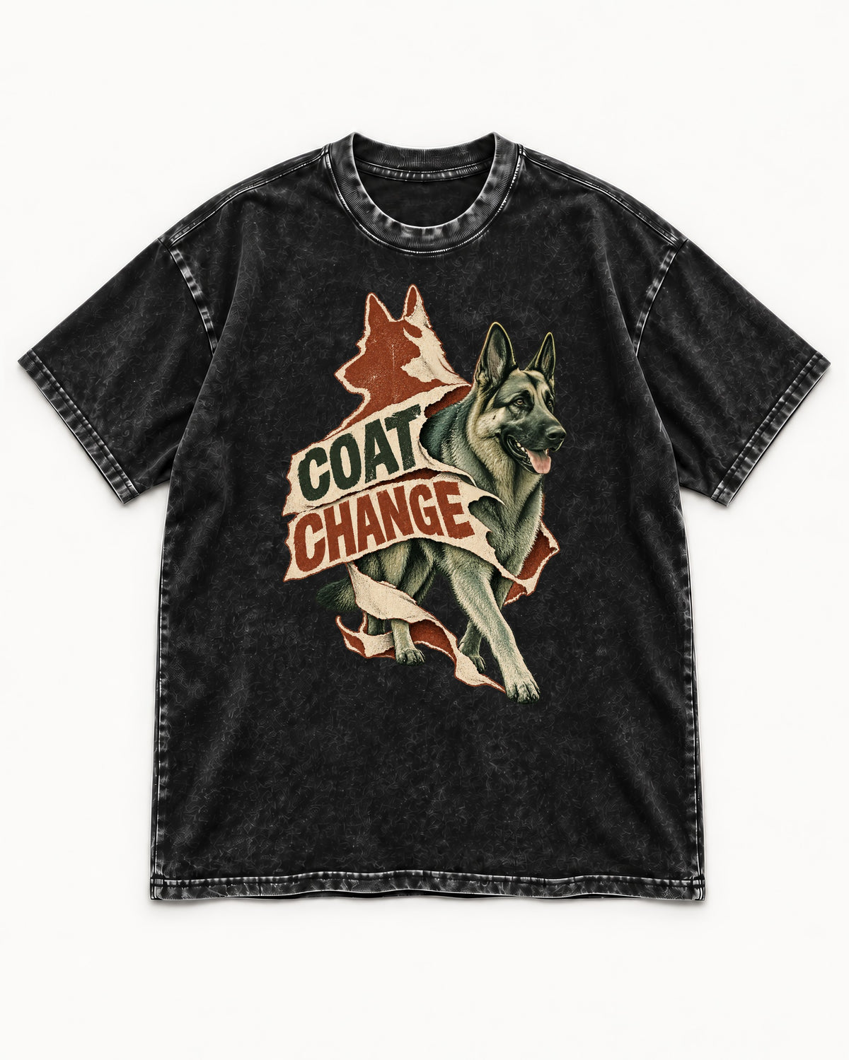 Coat Change Running German Shepherd Dog Ribbon Graphic Washed Tee in Black, flat lay product photo