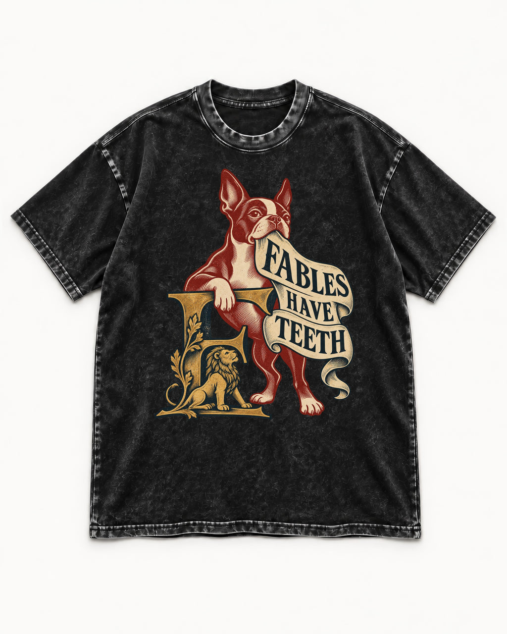 Boston Terrier Fables Have Teeth Washed Tee in Black, flat lay product photo