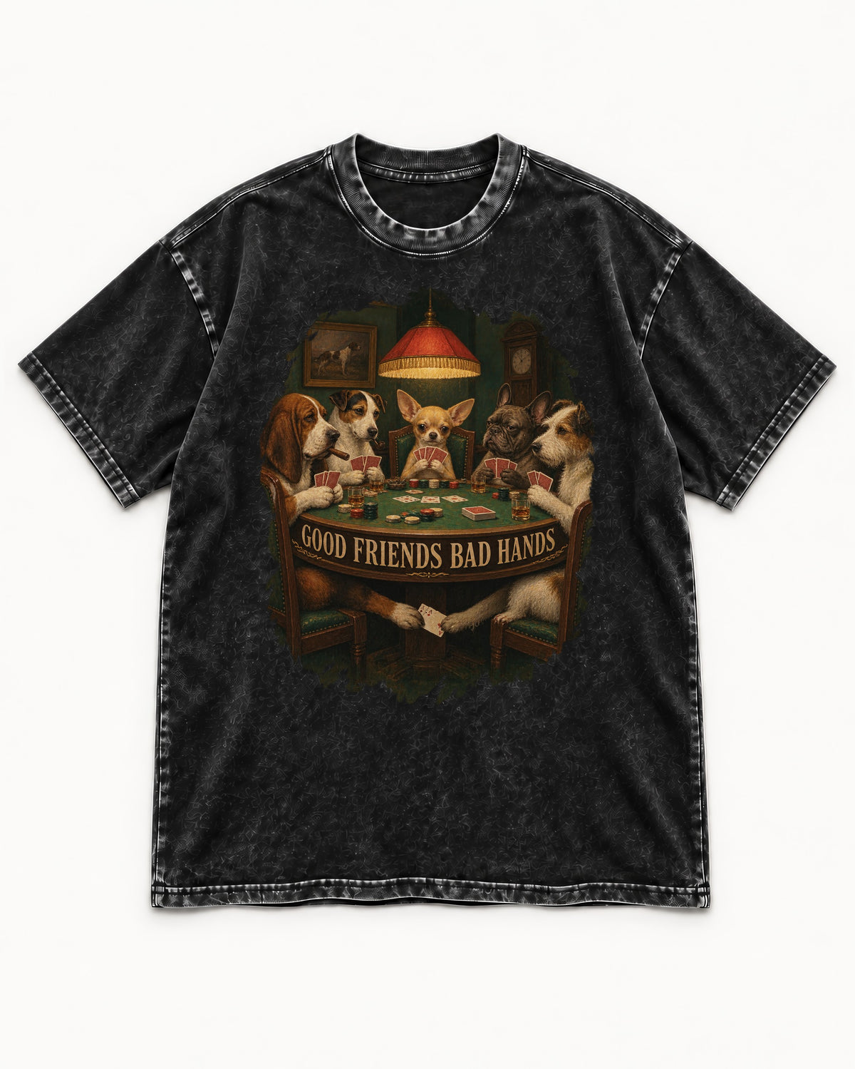 Good Friends Bad Hands Chihuahua Poker Scene Washed Tee in Black, flat lay product photo