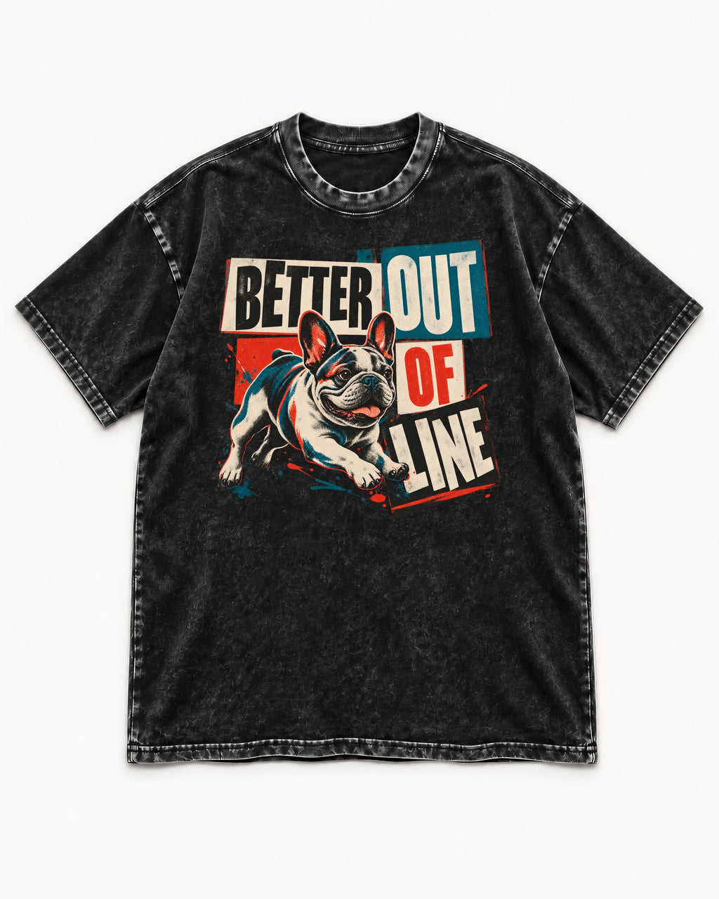Frenchie Better Out of Line Running Graphic Washed Tee in Black, flat lay product photo
