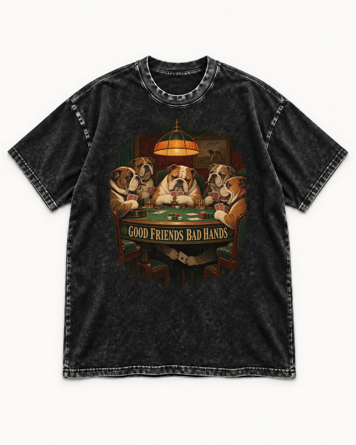English Bulldog Good Friends Bad Hands Poker Graphic Washed Tee in Black, flat lay product photo