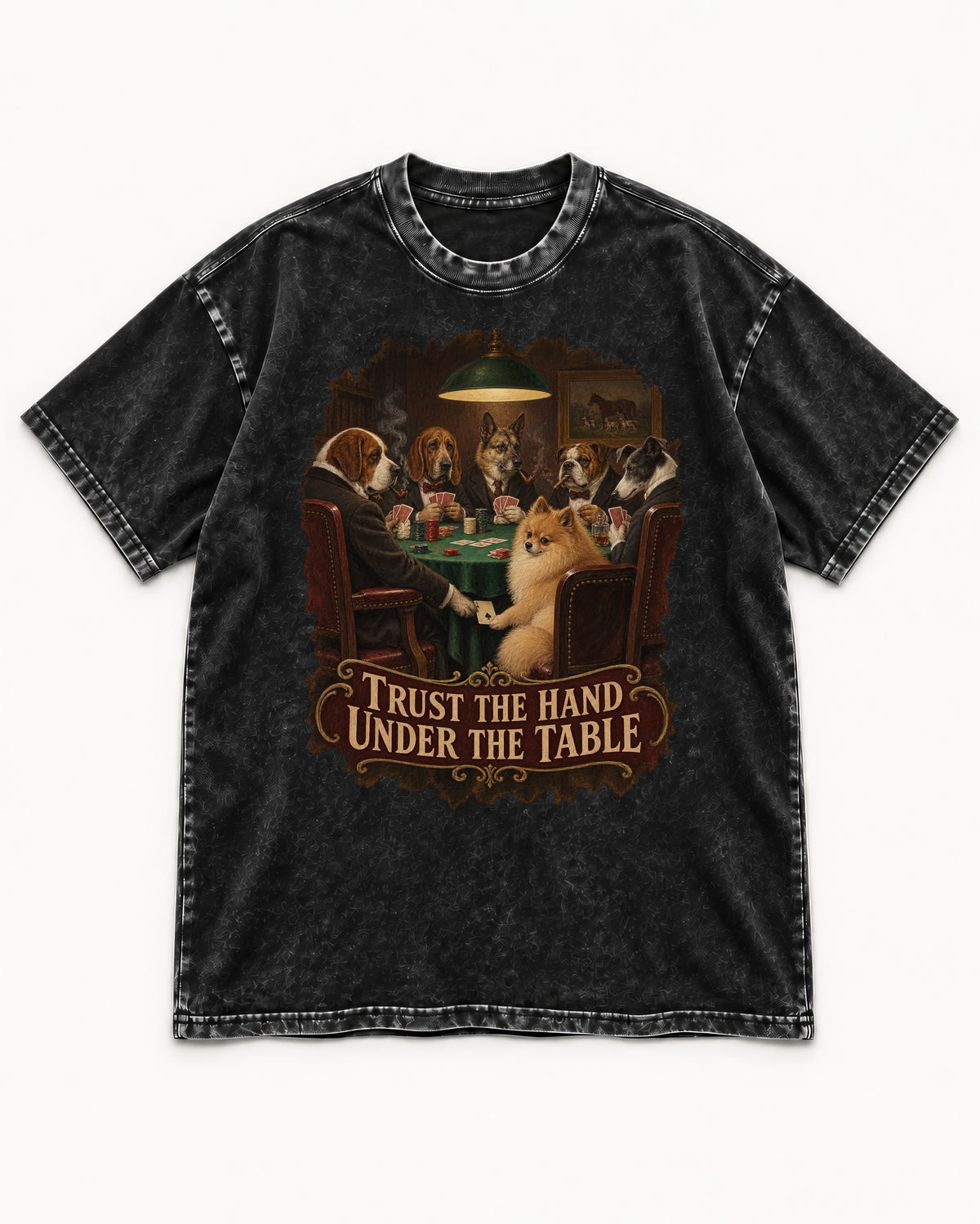 Pomeranian Trust the Hand Under the Table Poker Dogs Graphic Washed Tee in Black, flat lay product photo