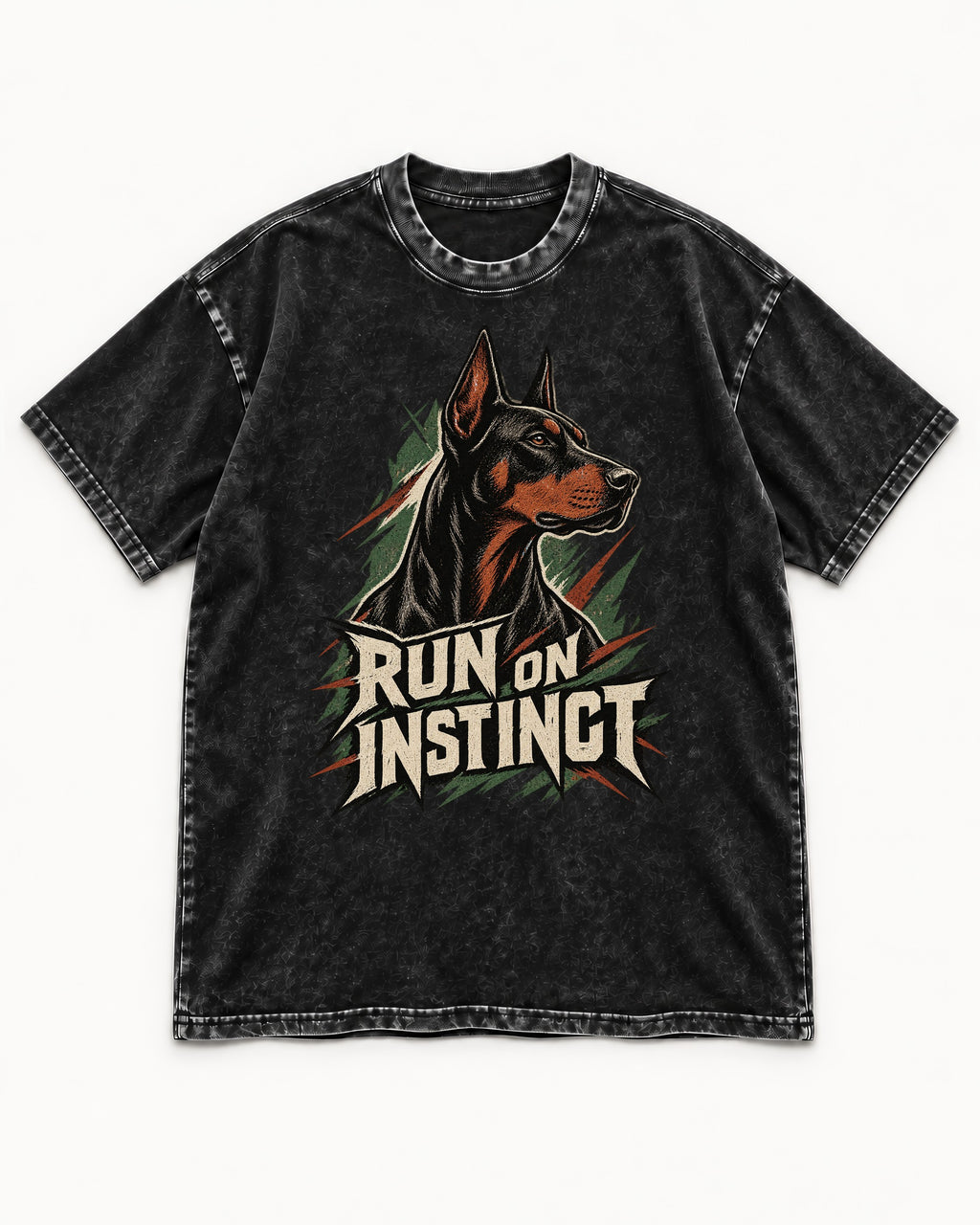 Doberman Run on Instinct Brush Slash Graphic Washed Tee in Black, flat lay product photo