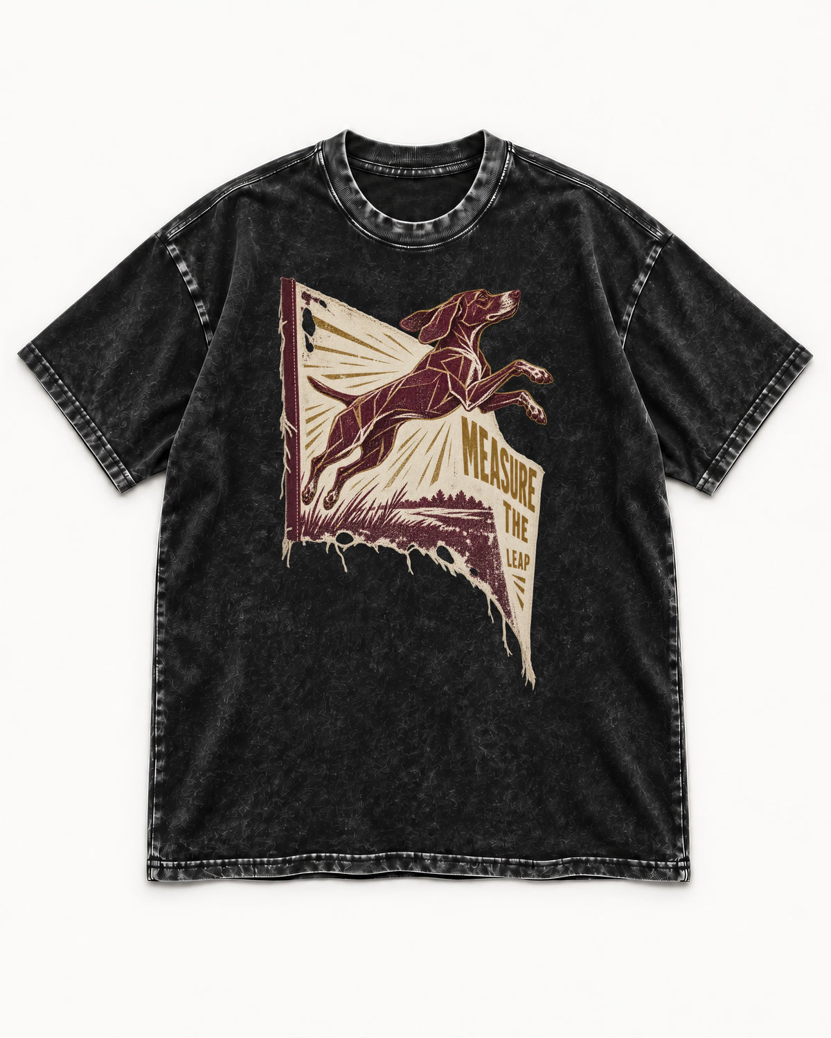 German Shorthaired Pointer Measure the Leap Torn Banner Graphic Washed Tee in Black, flat lay product photo