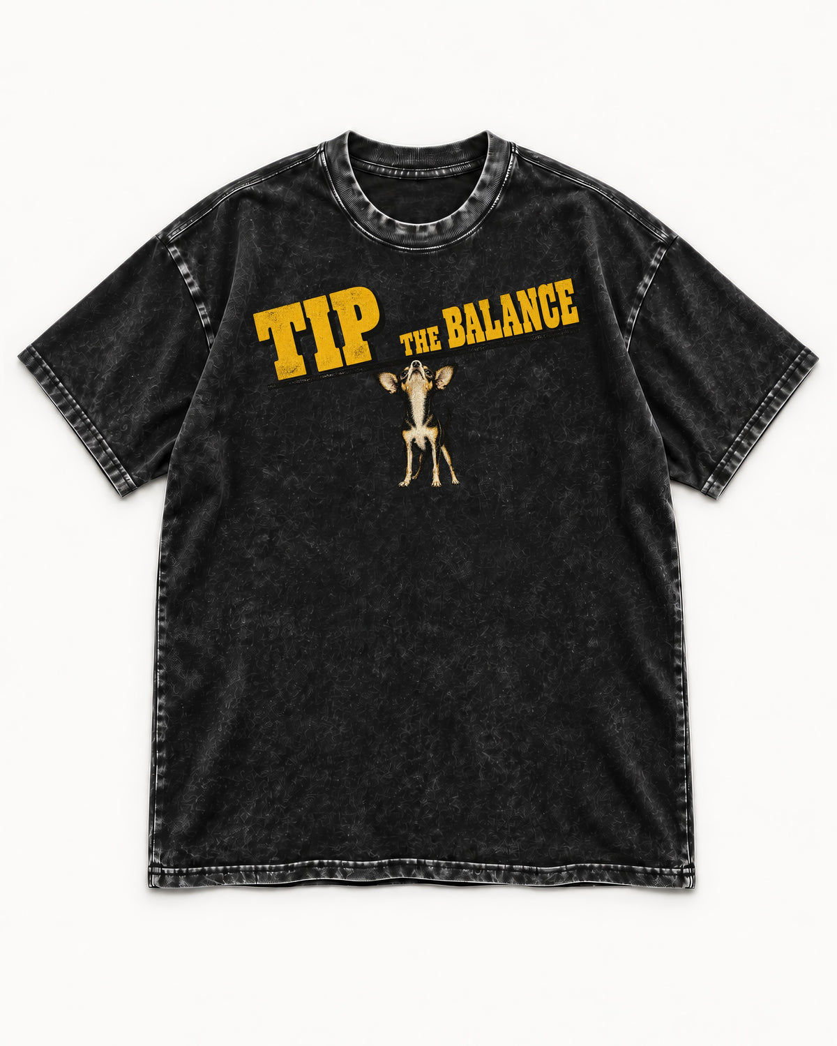 Chihuahua Tip the Balance Beam Graphic Washed Tee in Black, flat lay product photo