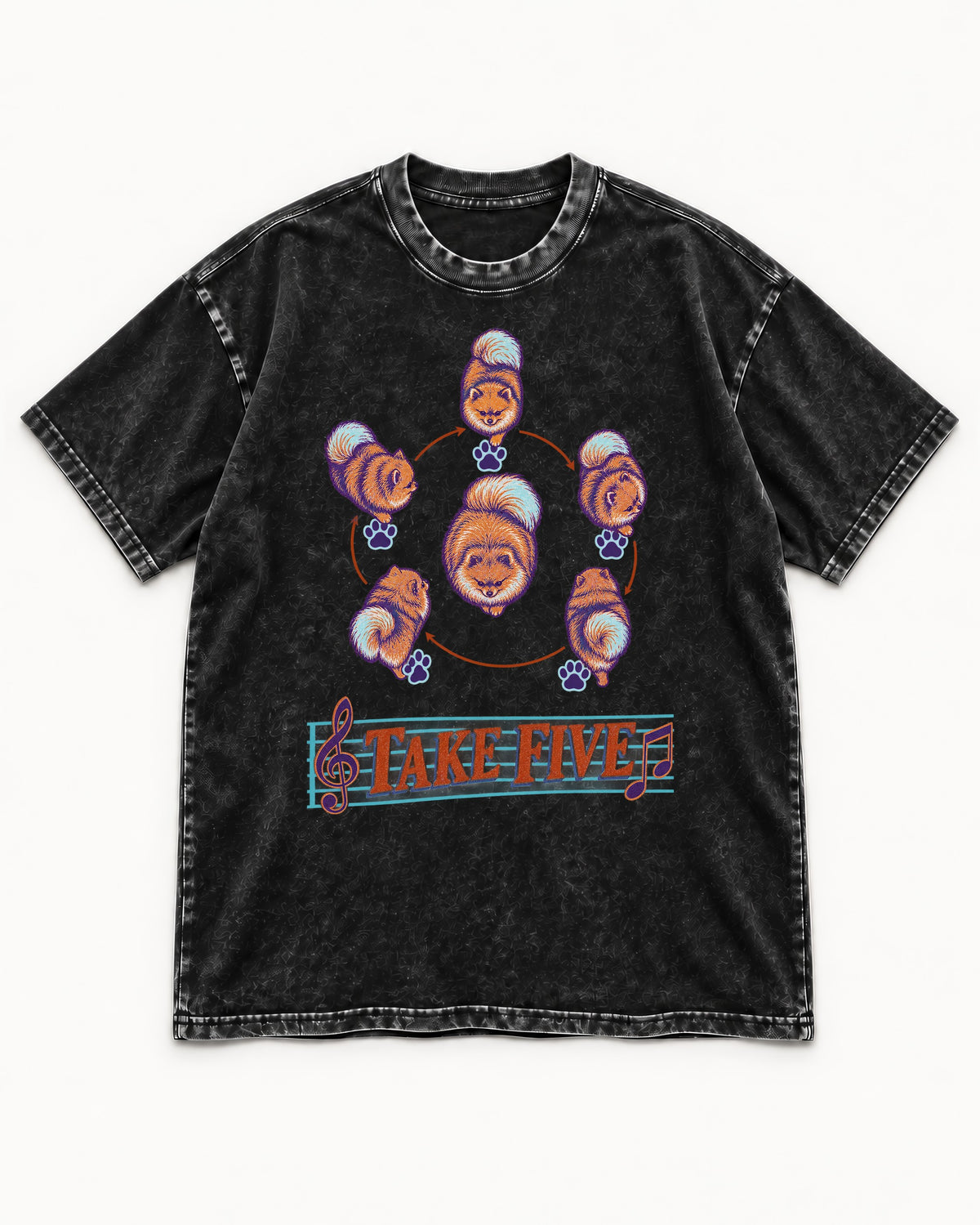 Pomeranian Take Five Choreography Cycle Graphic Washed Tee in Black, flat lay product photo