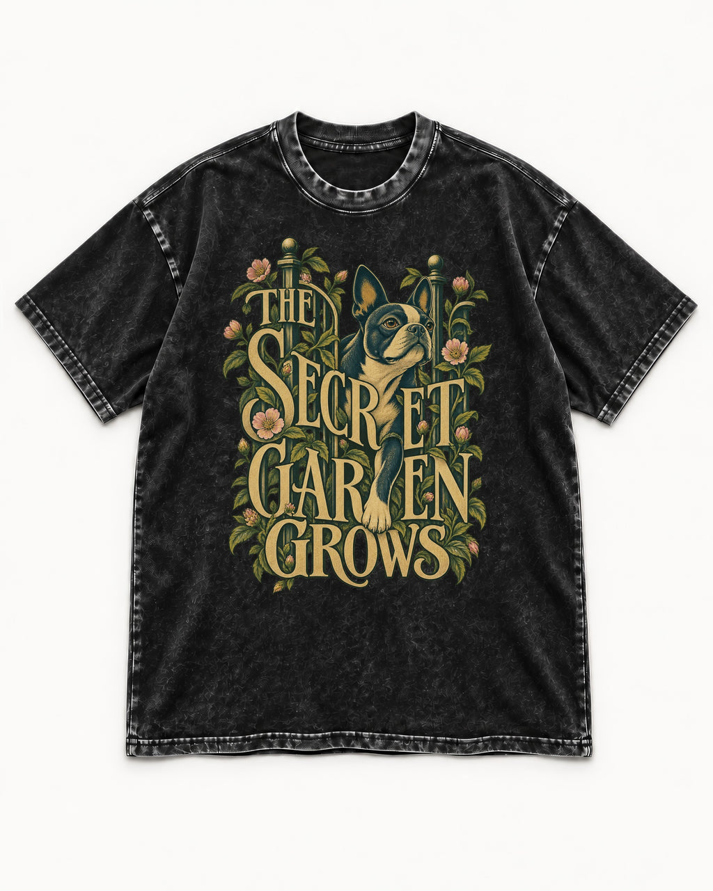 The Secret Garden Grows Boston Terrier Washed Tee in Black, flat lay product photo