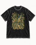 The Secret Garden Grows Boston Terrier Washed Tee in Black, flat lay product photo