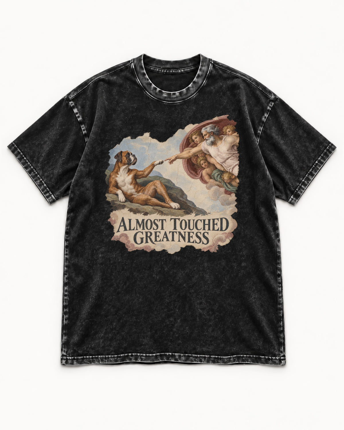 Almost Touched Greatness Boxer Creation Fresco Graphic Washed Tee in Black, flat lay product photo