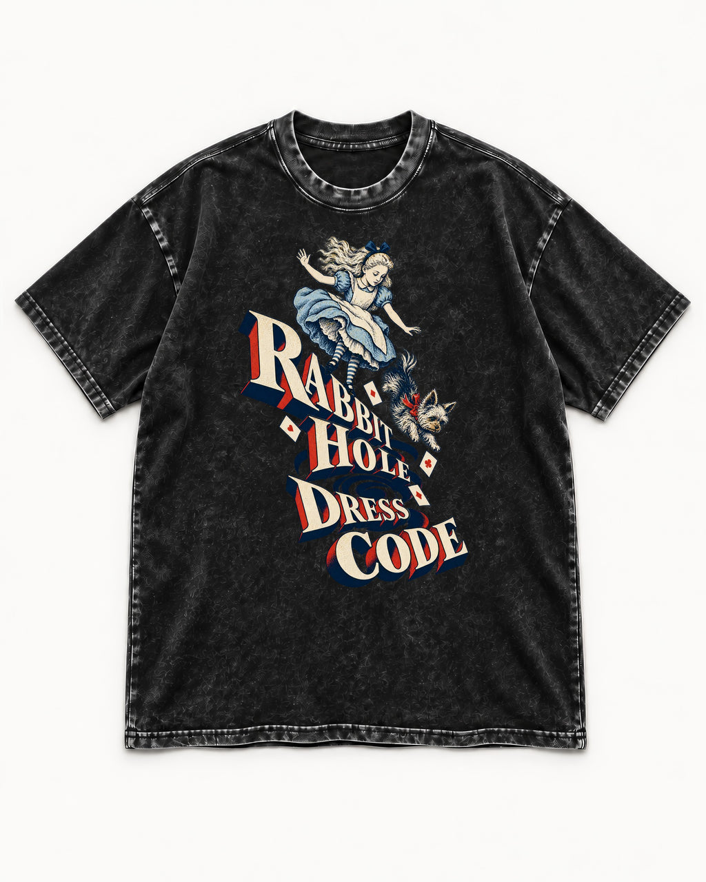 Yorkshire Terrier Rabbit Hole Dress Code Wonderland Graphic Washed Tee in Black, flat lay product photo
