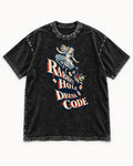 Yorkshire Terrier Rabbit Hole Dress Code Wonderland Graphic Washed Tee in Black, flat lay product photo