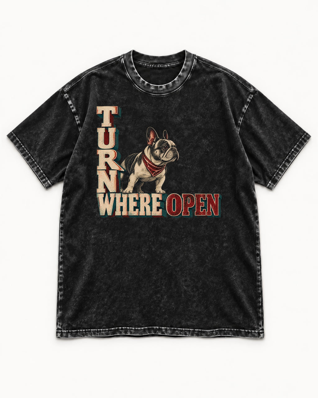Turn Where Open Frenchie Washed Tee in Black, flat lay product photo