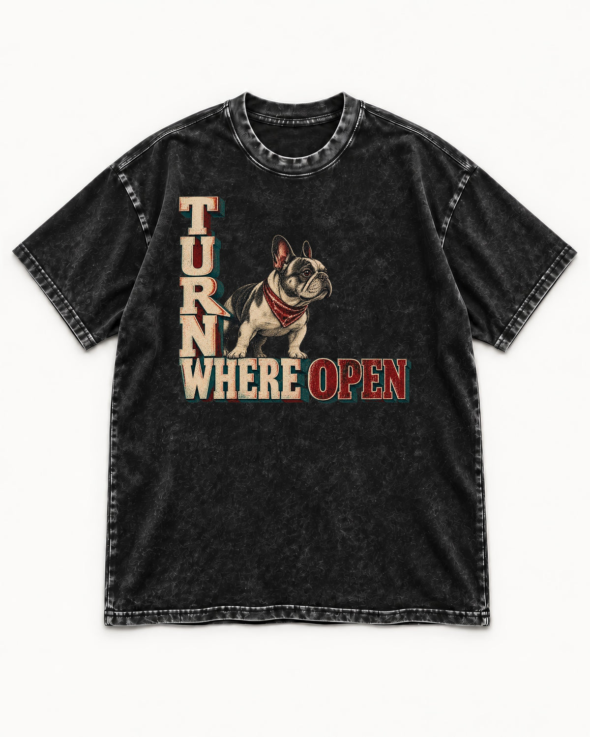 Turn Where Open Frenchie Washed Tee in Black, flat lay product photo