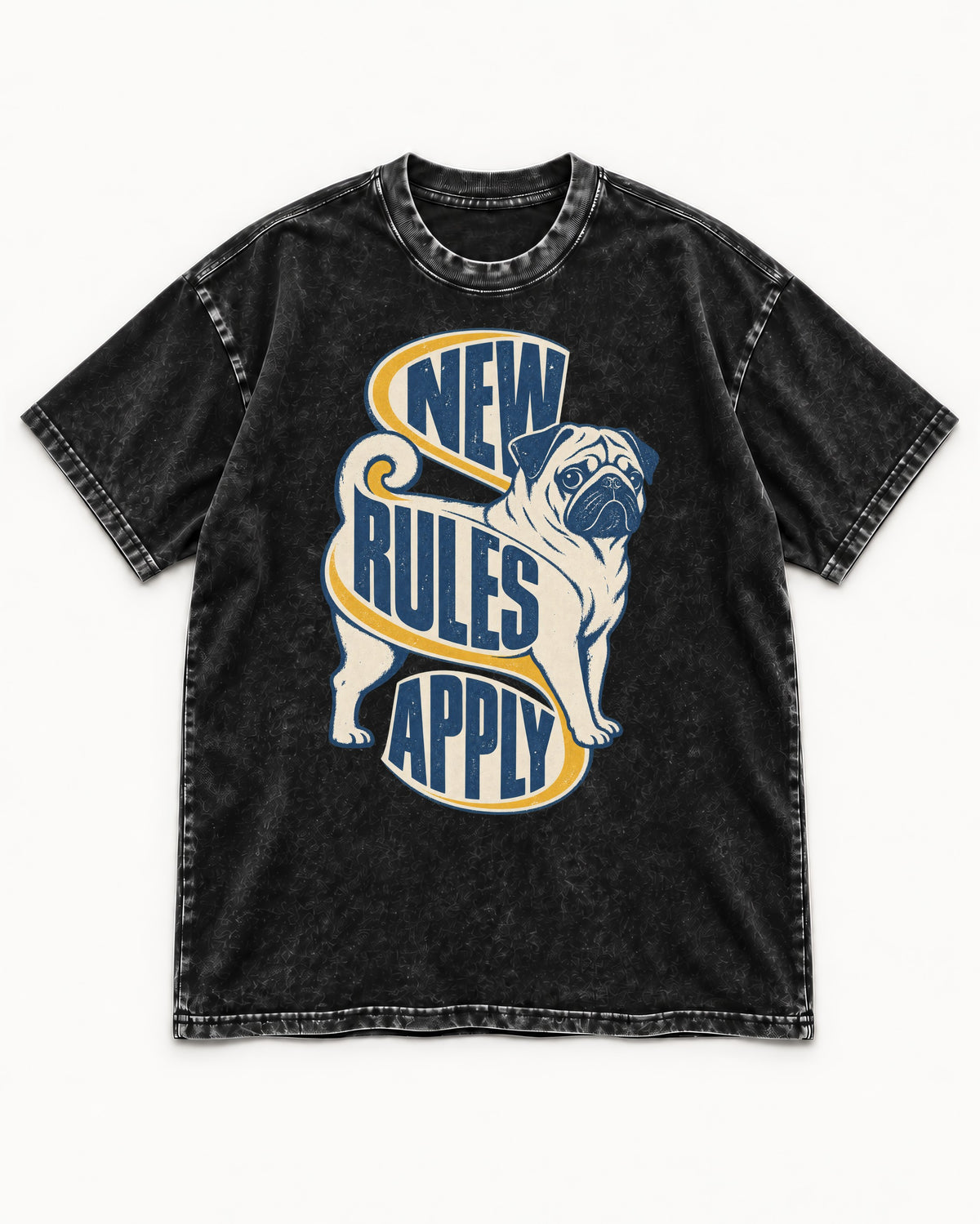 Pug New Rules Apply Ribbon Graphic Washed Tee in Black, flat lay product photo