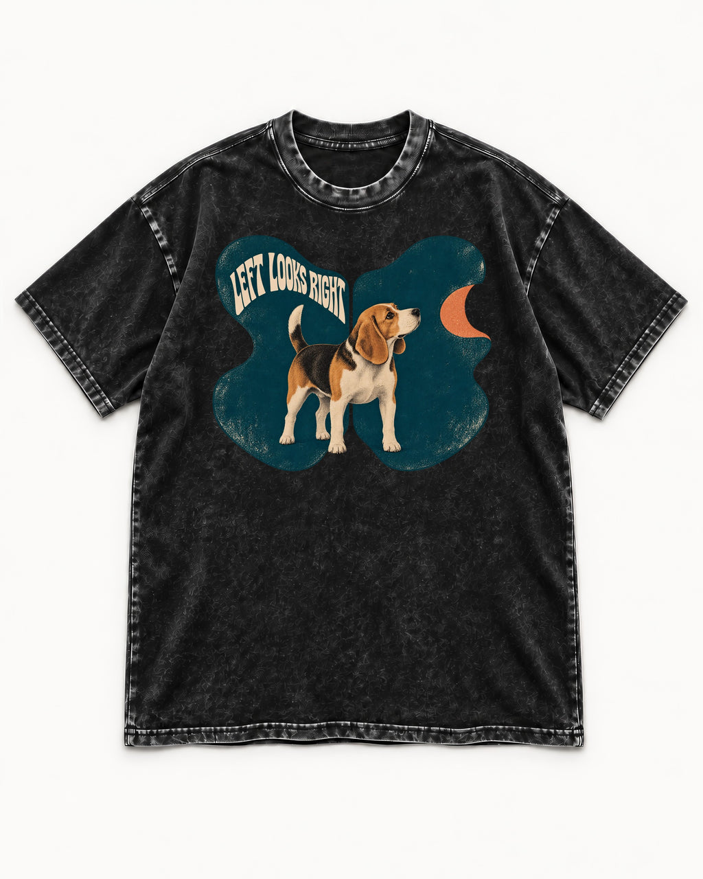Left Looks Right Beagle Abstract Shapes Washed Tee in Black, flat lay product photo