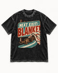 Dachshund Next Exit Blanket Road Sign Graphic Washed Tee in Black, flat lay product photo