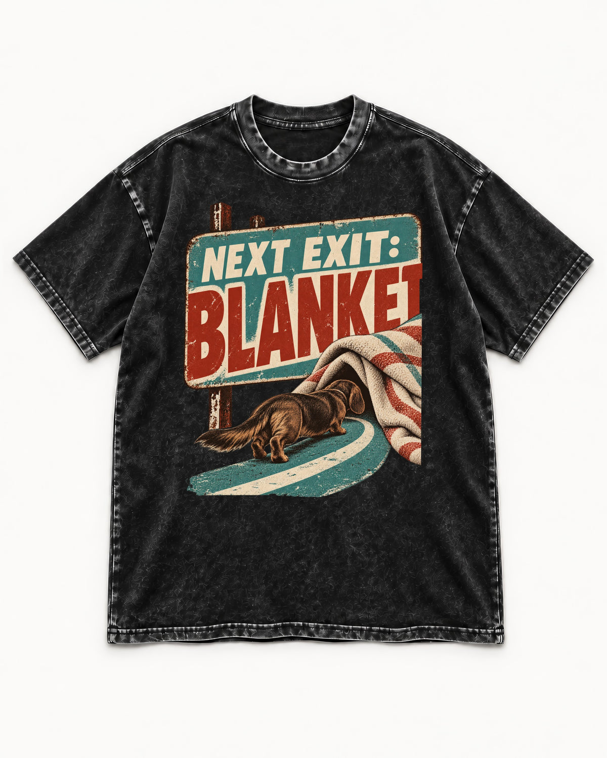 Dachshund Next Exit Blanket Road Sign Graphic Washed Tee in Black, flat lay product photo